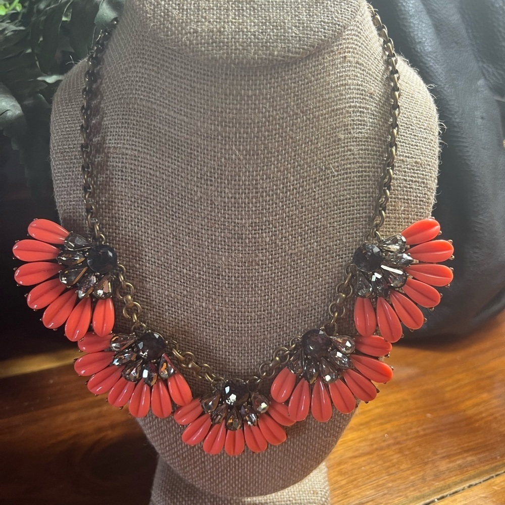 J. Crew Coral Floral Bib Necklace with Smoky Crystals